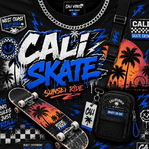 Thiết kế Roblox California skater với chữ Cali Skate, ván trượt, hoàng hôn California và phụ kiện streetwear cá tính.