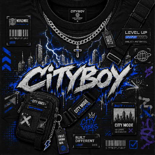 Thiết kế mặt trước áo Roblox phong cách city boy với hình thành phố, chữ graffiti, dây xích và túi đeo cá tính.