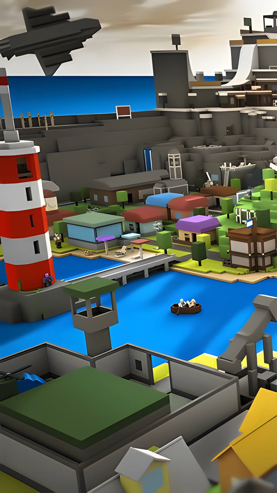 Hình nền Roblox dọc với bến cảng khối vuông, thuyền nhỏ, hải đăng và khu đô thị ven biển