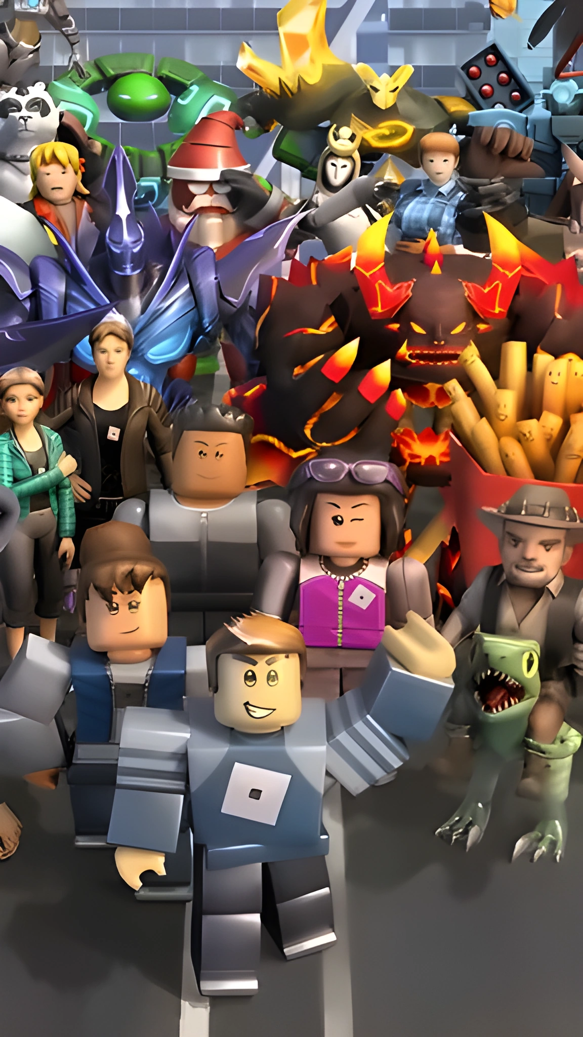 Hình nền Roblox dọc với nhóm avatar đa dạng trong khung cảnh 3D sống động cho điện thoại