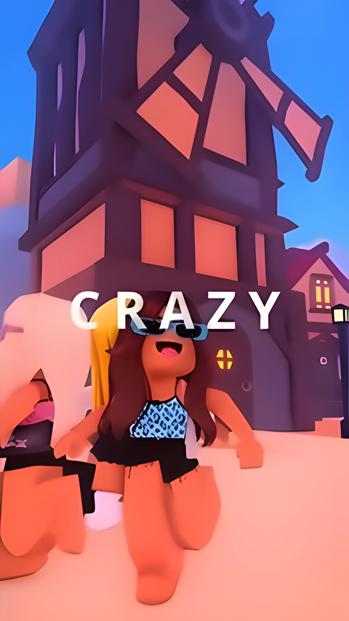 Hình nền Roblox dọc cho điện thoại, avatar nữ tóc nâu đứng trước ngôi nhà rực sáng trong làng hoạt hình