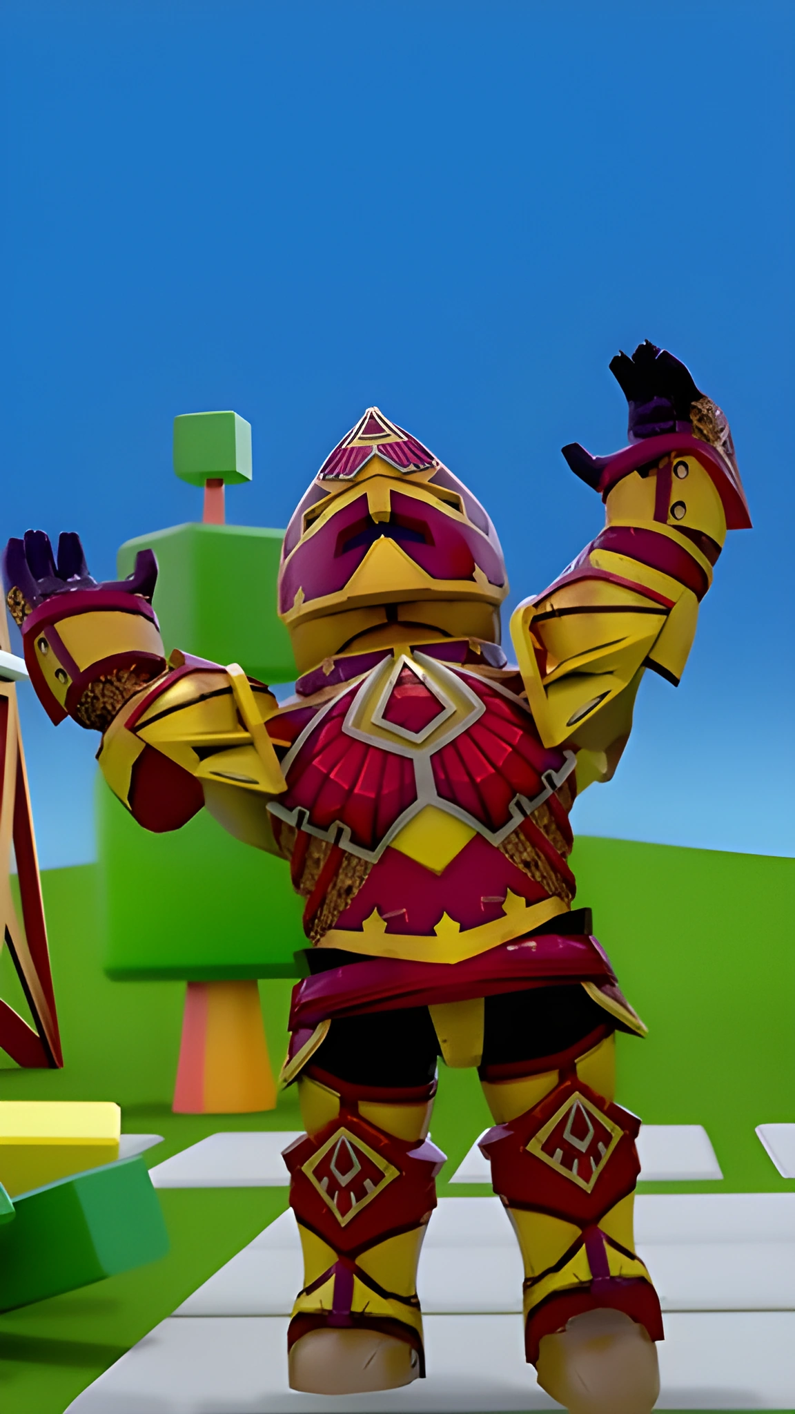 Nhân vật phong cách Roblox mặc giáp vàng đỏ giơ hai tay giữa bãi cỏ, phía dưới có lối gạch trắng.