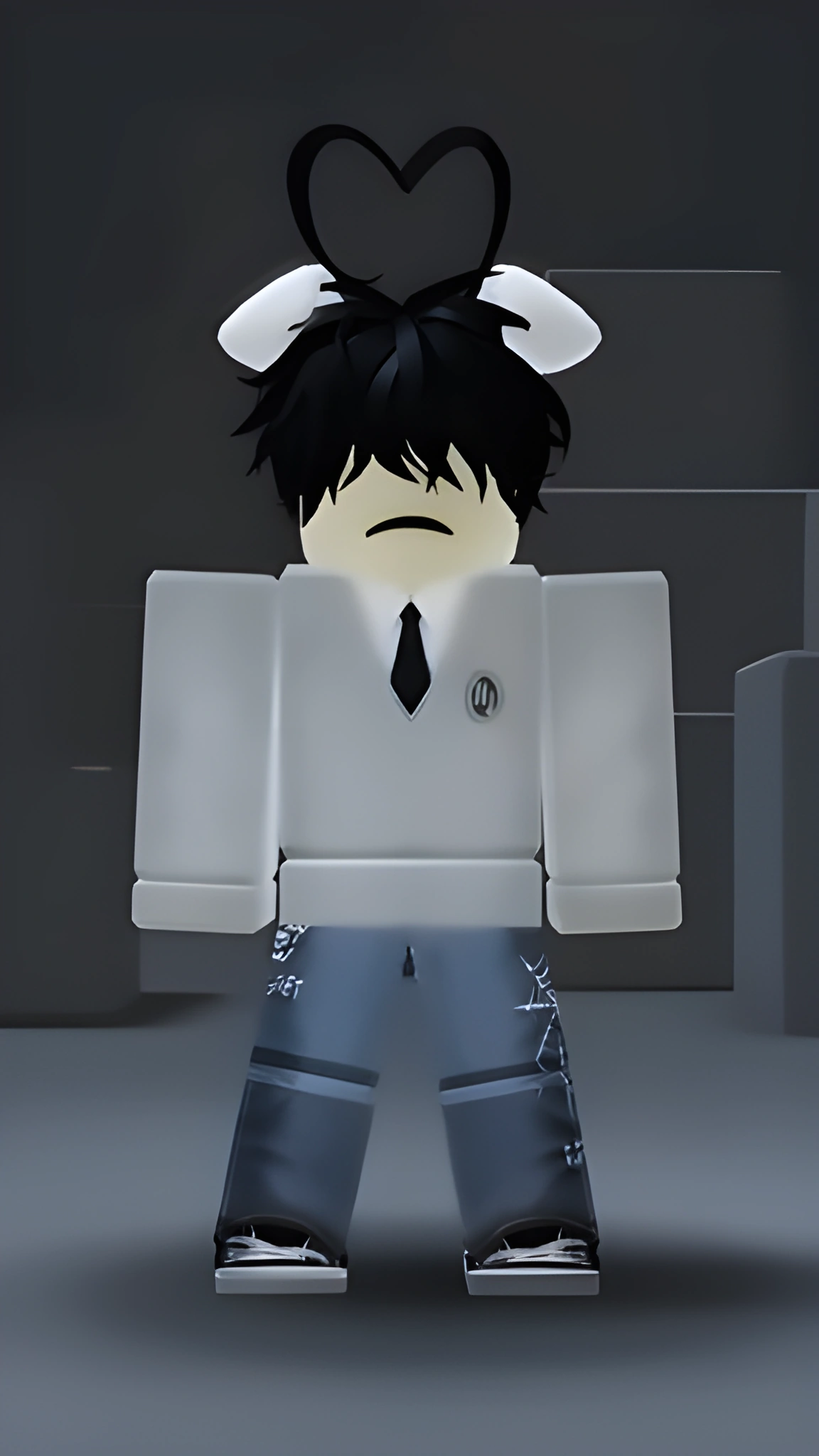 Nhân vật Roblox tóc đen, mặc sơ mi trắng đứng trong không gian xám, hình nền dọc cho điện thoại