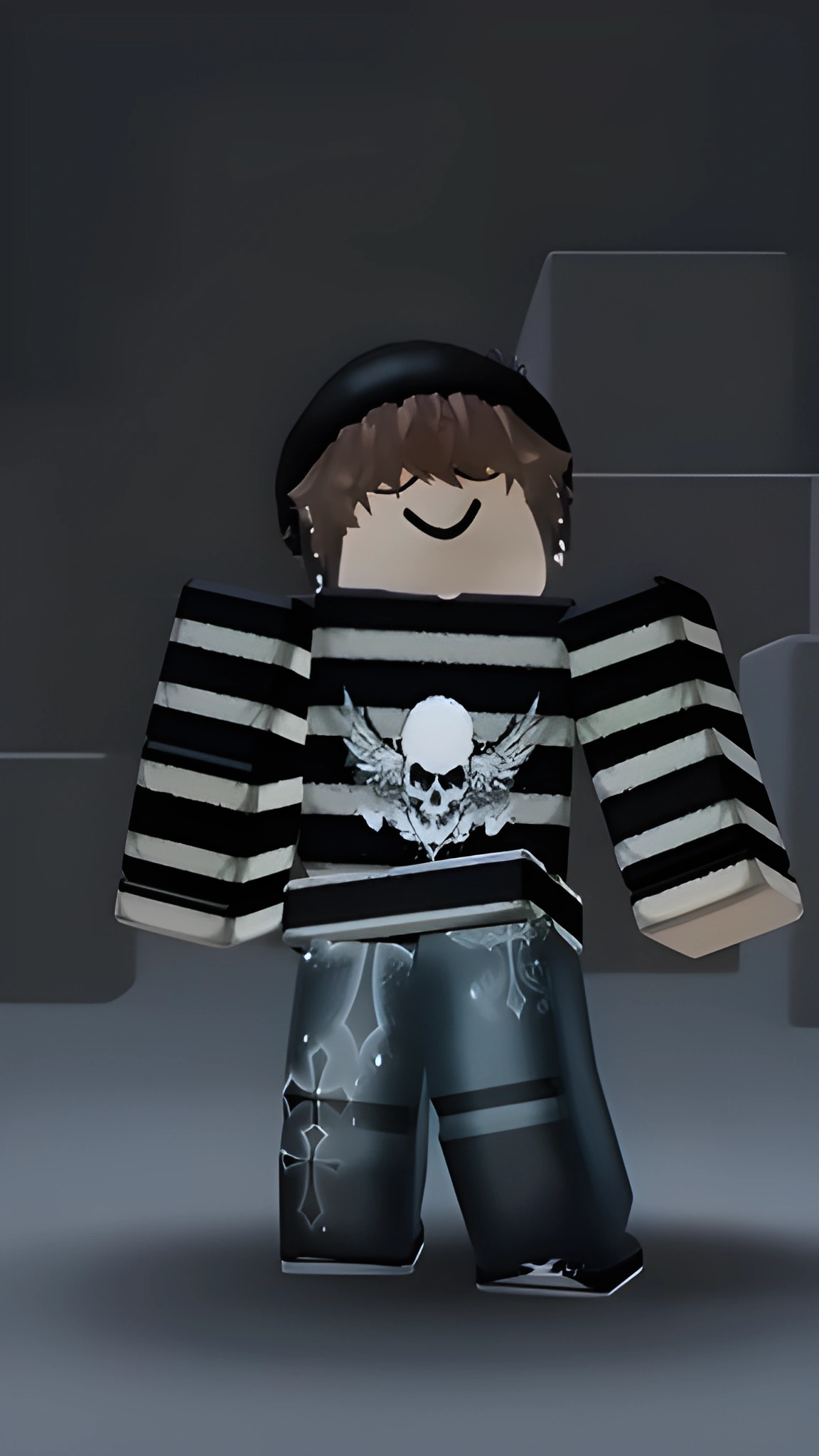 Nhân vật Roblox mặc áo len sọc đen trắng và quần tối màu trong khung hình dọc cho điện thoại