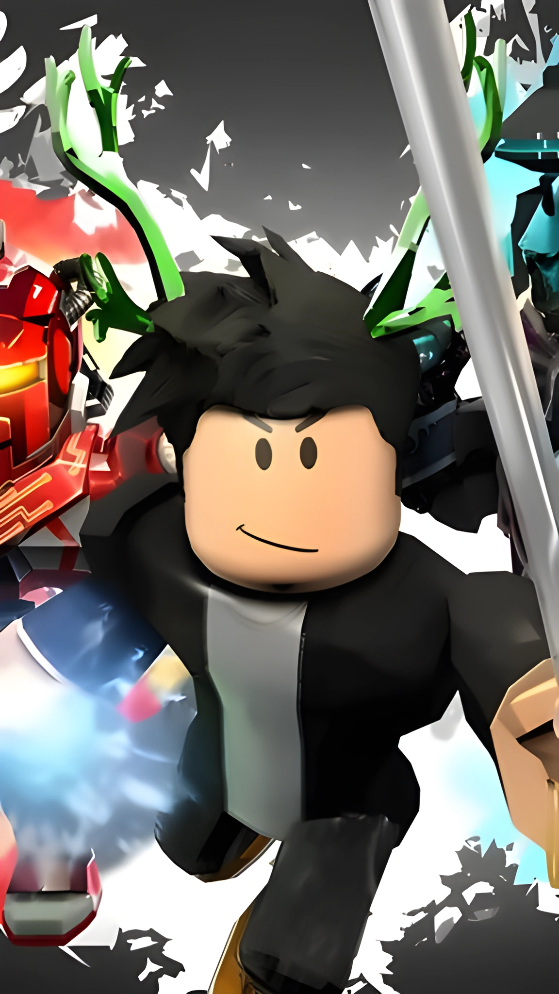 Avatar Roblox tóc đen mặc đồ đen tạo dáng giữa hiệu ứng chiến đấu, hình nền dọc cho điện thoại