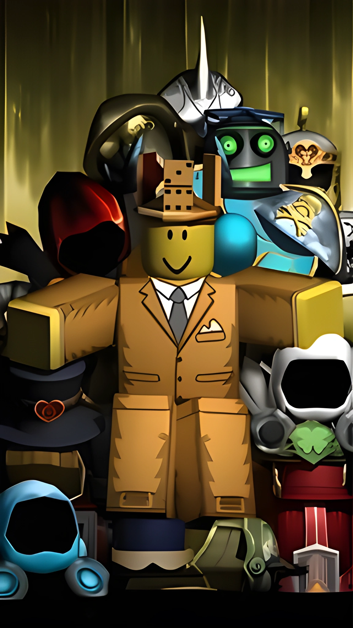 Nhân vật Roblox mặc suit nâu xám và cà vạt đứng giang tay, đội mũ hình tháp có các quân cờ.