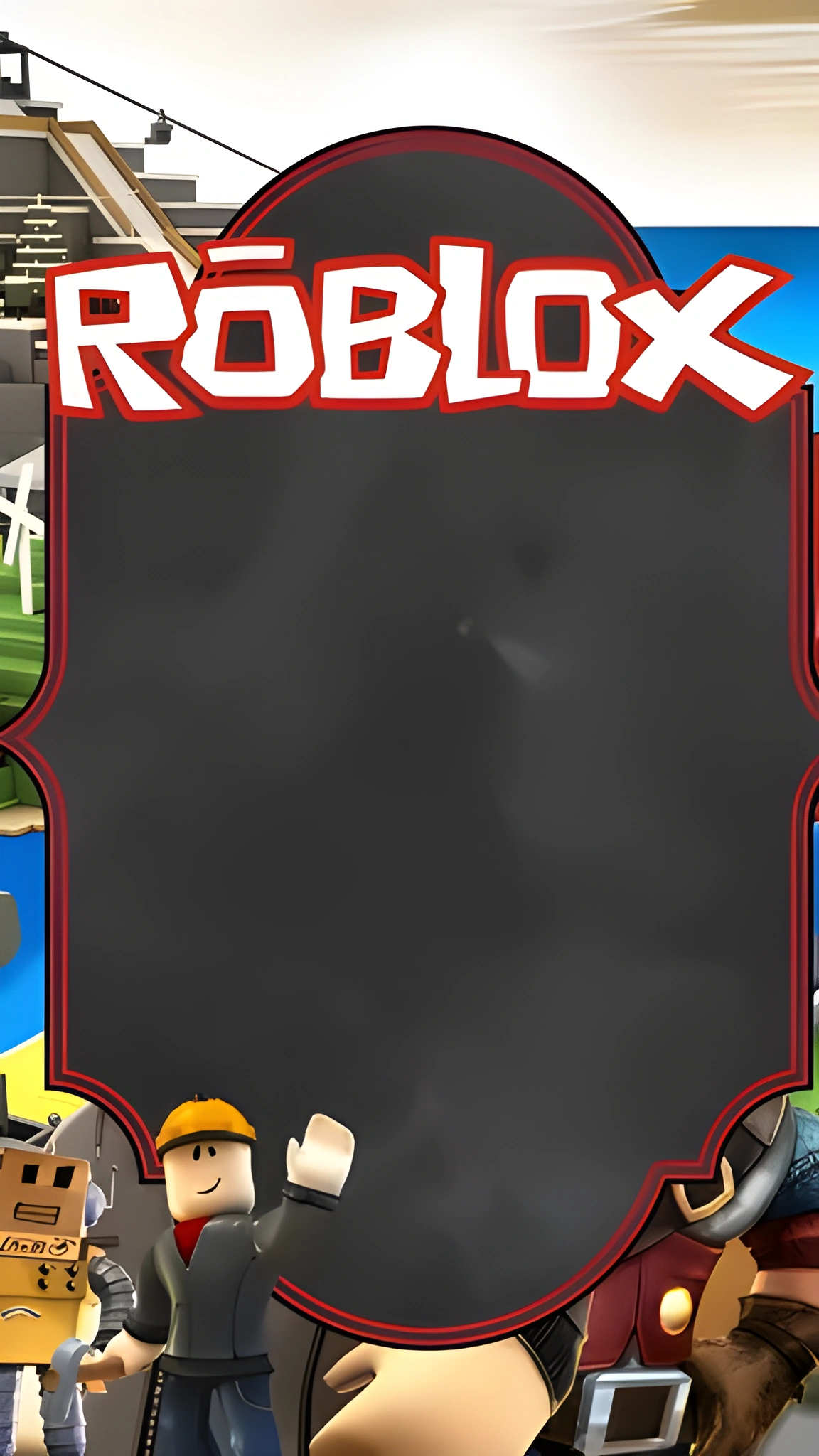 Logo ROBLOX viền đỏ nằm trên khung bảng đen, bên dưới có nhân vật đội mũ bảo hộ vàng vẫy tay cạnh nhân vật hộp giấy màu vàng.