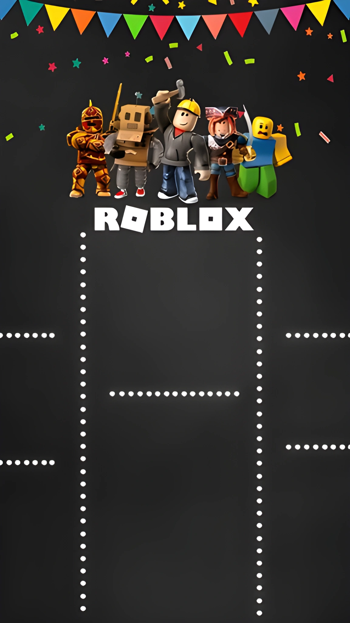 Năm nhân vật Roblox đứng thành hàng dưới dây cờ tam giác nhiều màu trên nền đen kẻ chấm trắng.