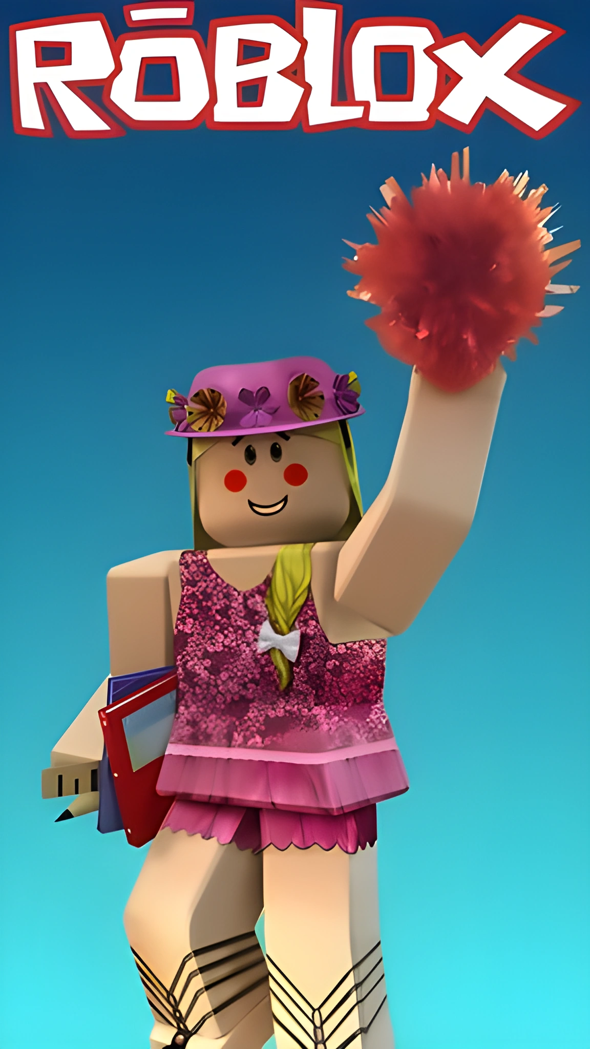 Nhân vật nữ Roblox đội mũ hồng gắn hoa, giơ quả bông cổ vũ đỏ hồng và ôm sách cùng thước kẻ.