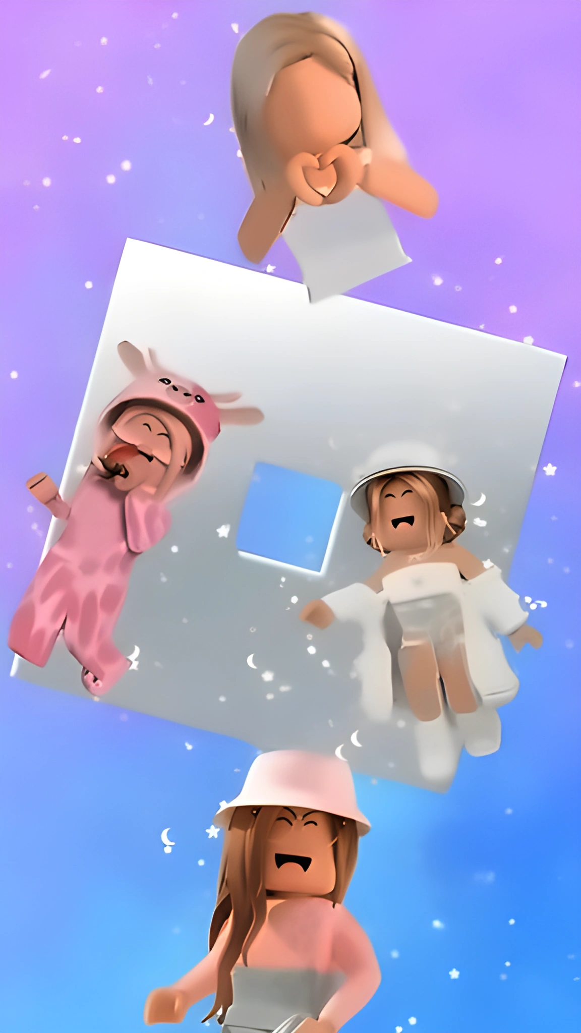 Nhóm nhân vật Roblox 3D mỉm cười lơ lửng quanh biểu tượng vuông trắng, với một nhân vật phía trên tạo hình trái tim bằng tay.
