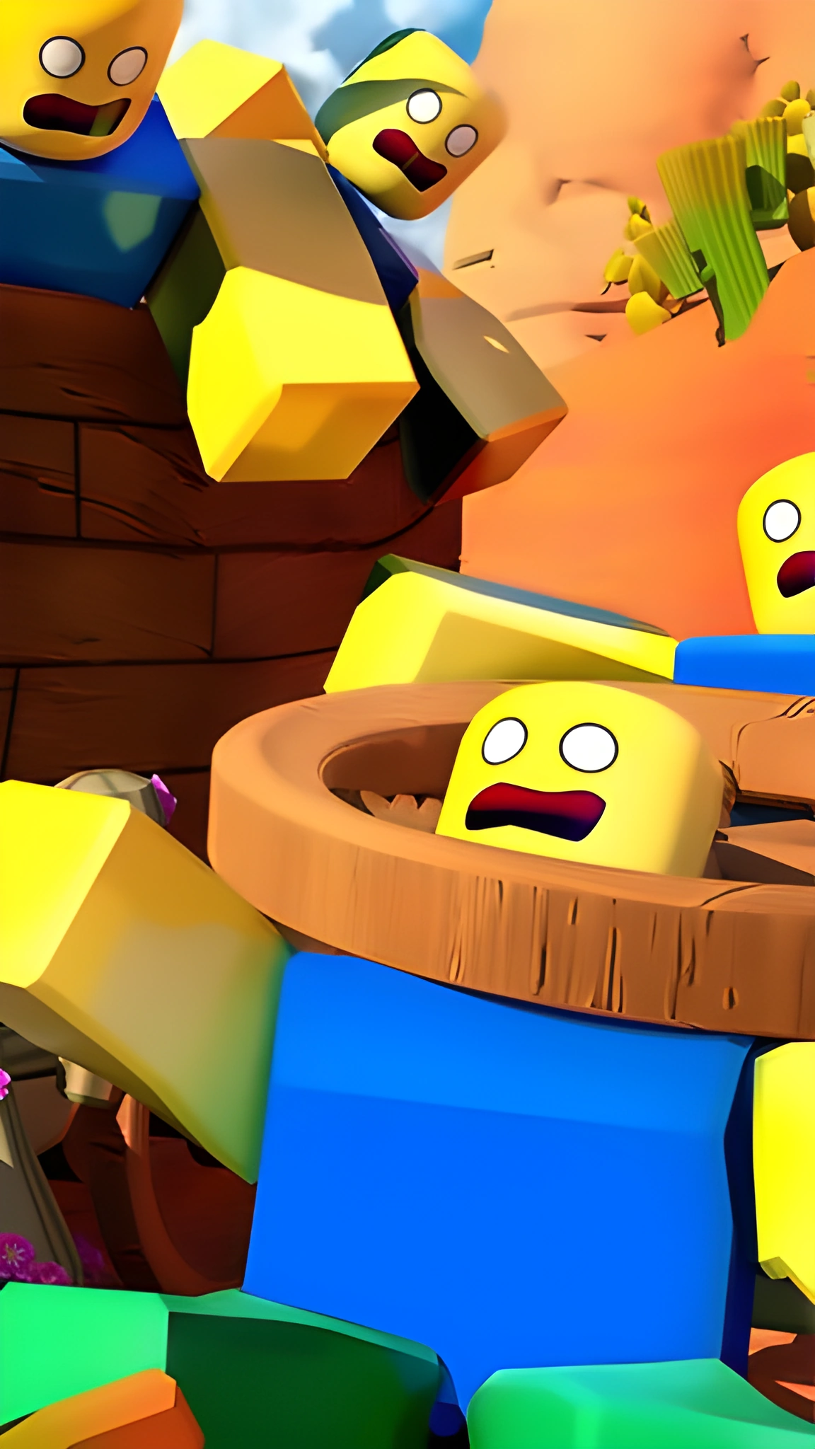 Hình nền dọc Roblox với các nhân vật khối vuông biểu cảm trong cảnh phiêu lưu đầy màu sắc trên màn hình di động