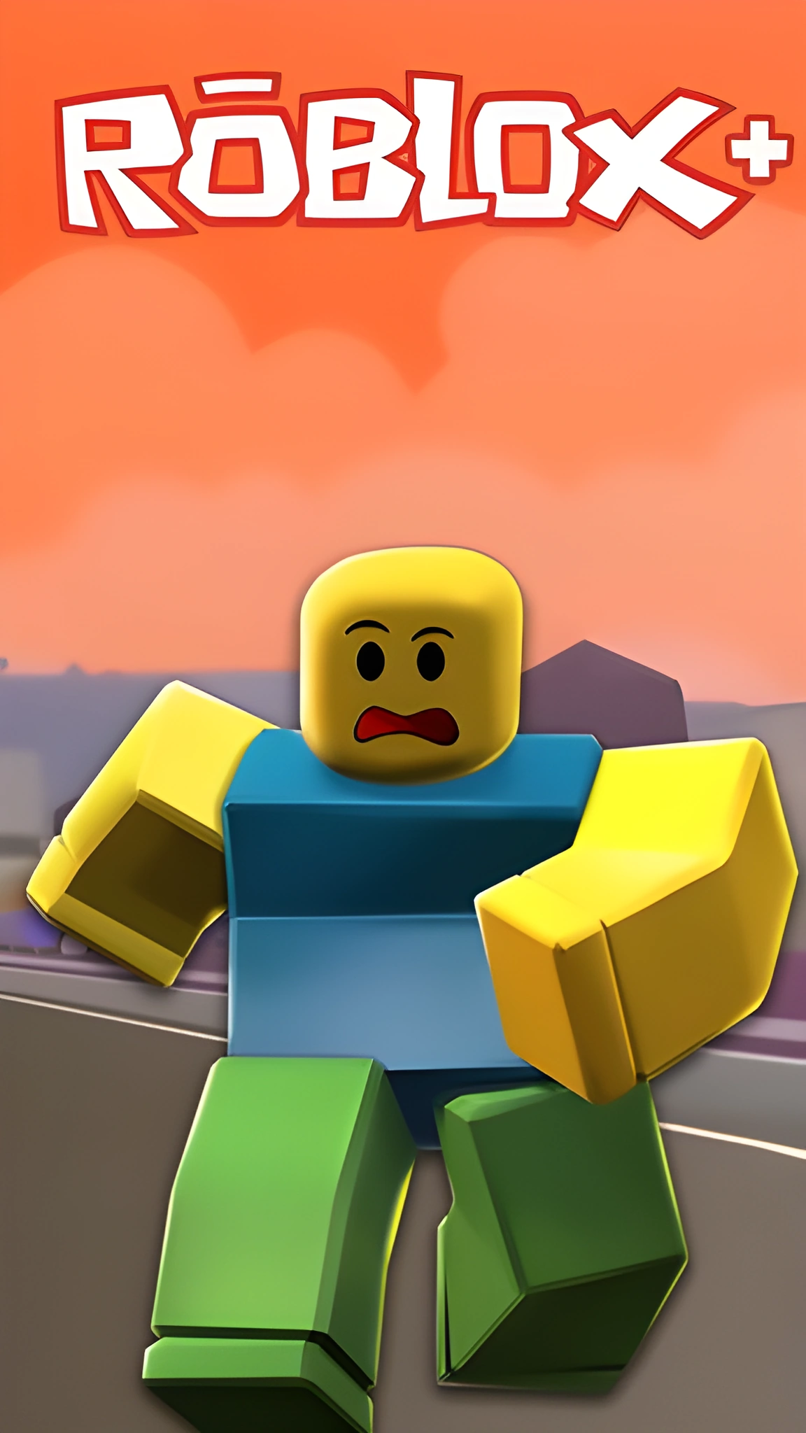 Nhân vật Roblox đầu vàng mặc áo xanh chạy trên đường với mắt xếch và miệng há to.