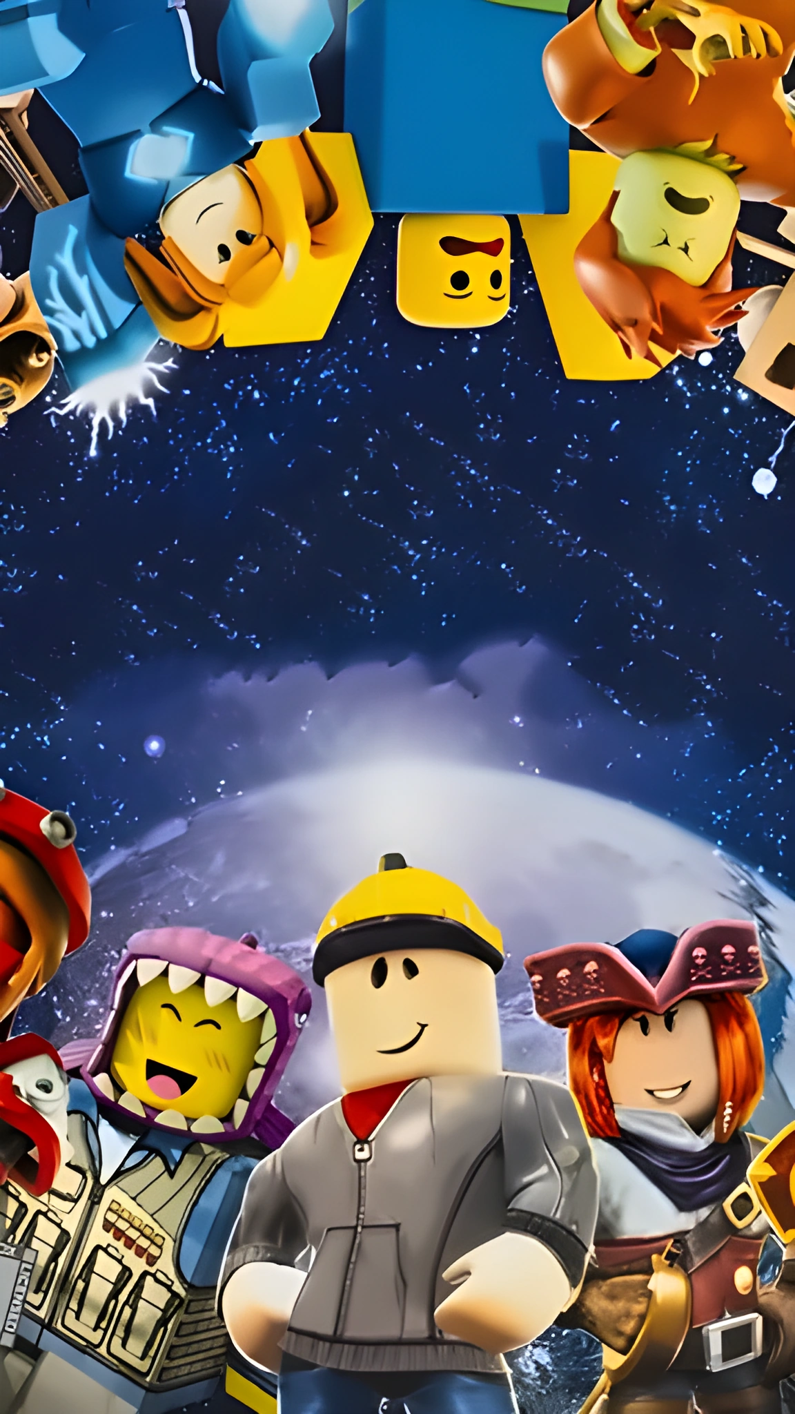 Nhiều avatar khối hộp Roblox nhìn vào trung tâm từ các mép ảnh, phía sau là bầu trời sao và hành tinh sáng.