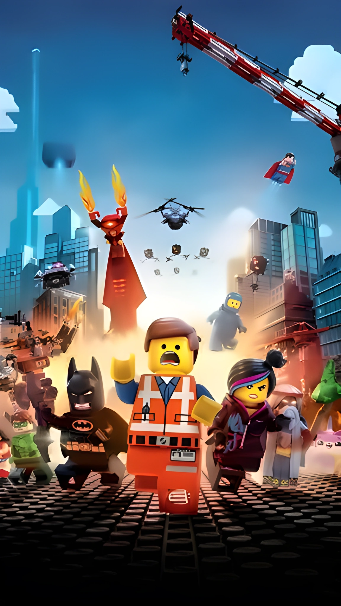 Hình nền Roblox dọc với nhiều nhân vật giữa thành phố đang hỗn loạn, phù hợp màn hình điện thoại