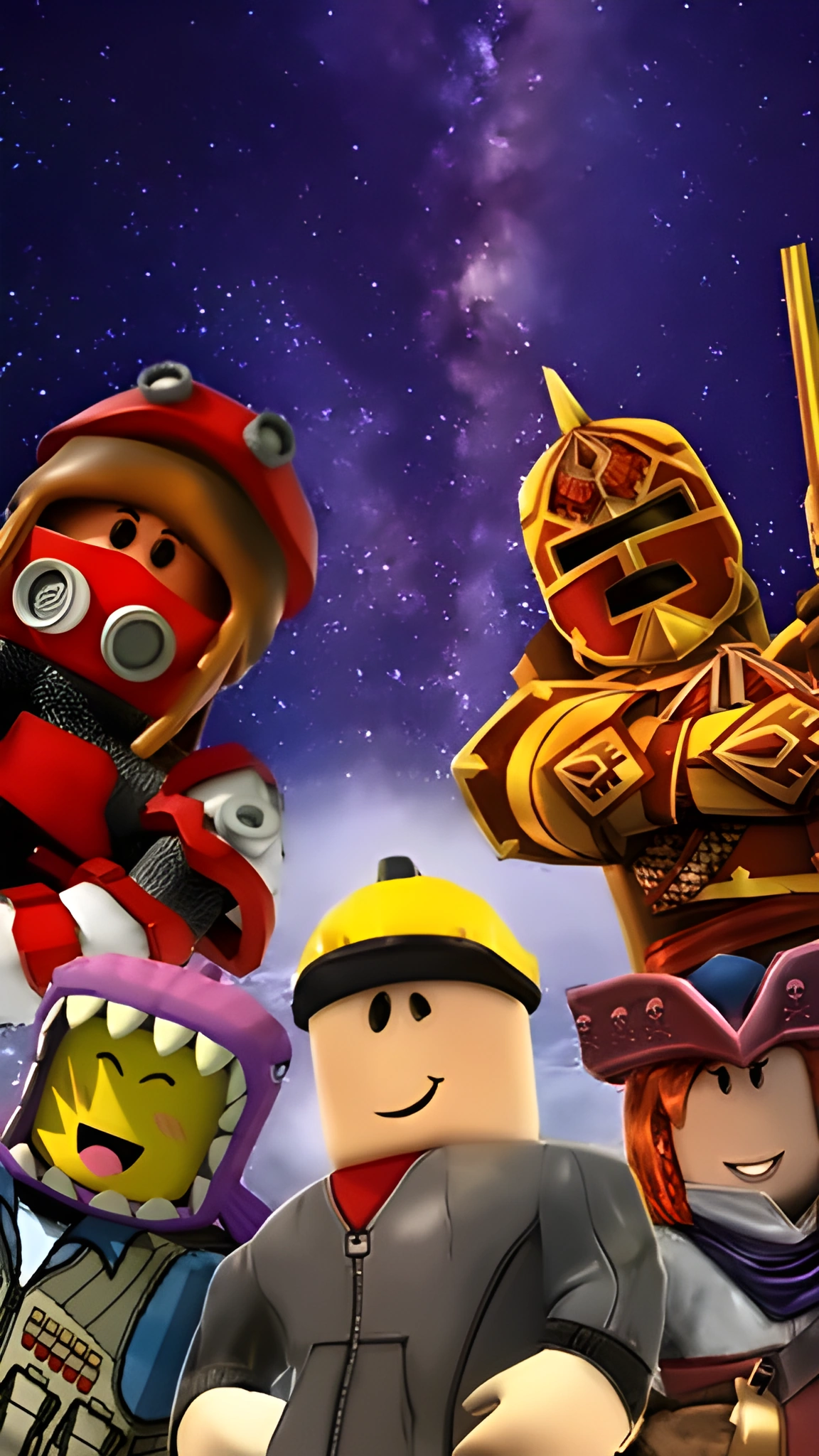 Năm nhân vật dạng khối Roblox nhìn về phía trước trên nền trời tím đầy sao, với nhân vật trung tâm đội mũ bảo hộ.