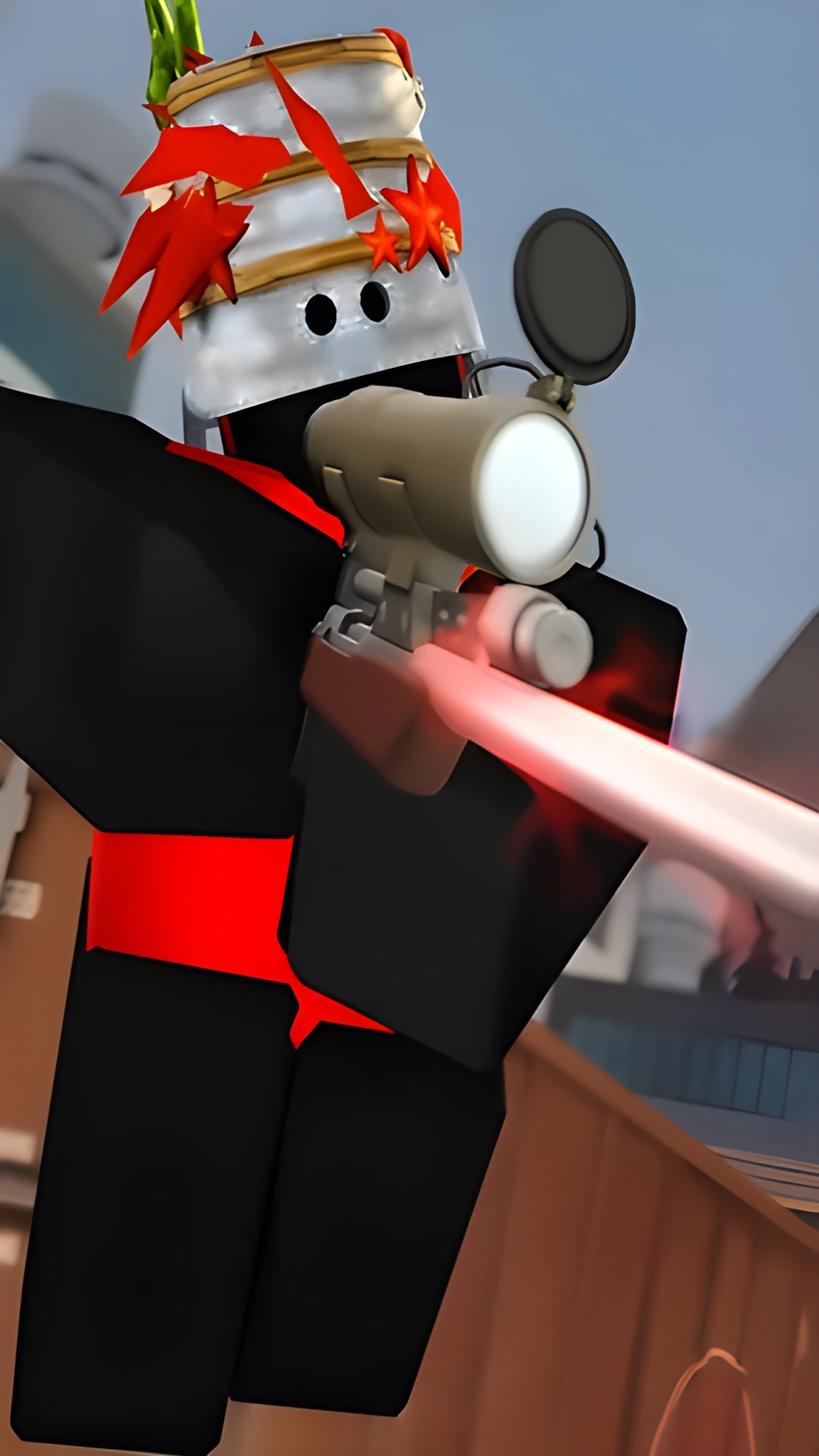 Nhân vật Roblox mặc đồ đen cầm vũ khí phát tia đỏ trong khung cảnh đô thị, hình nền dọc cho điện thoại