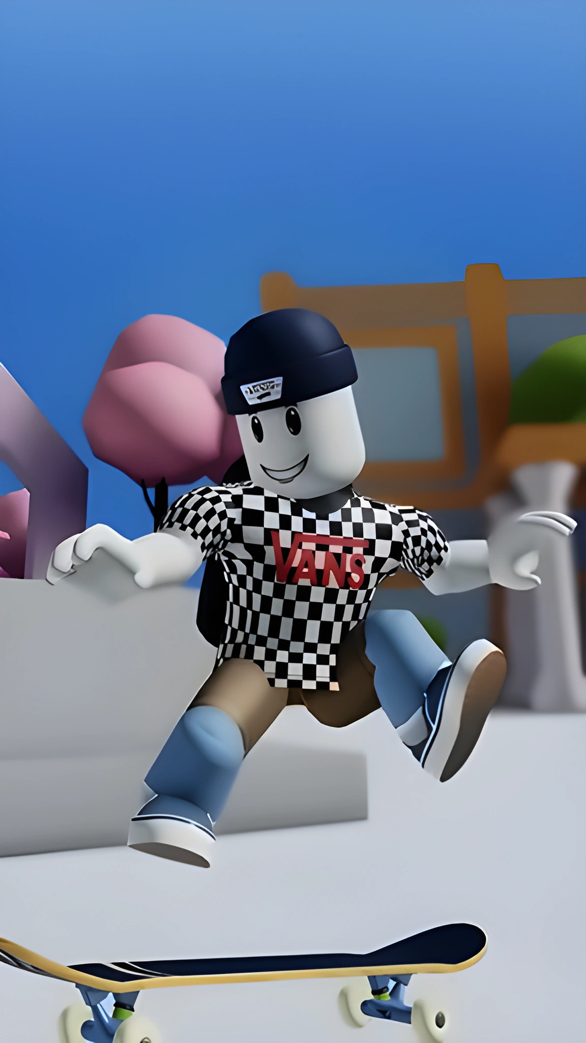 Nhân vật phong cách Roblox mặc áo caro đen trắng nhảy khỏi ván trượt đen viền vàng, phía sau là cây hoa hồng.