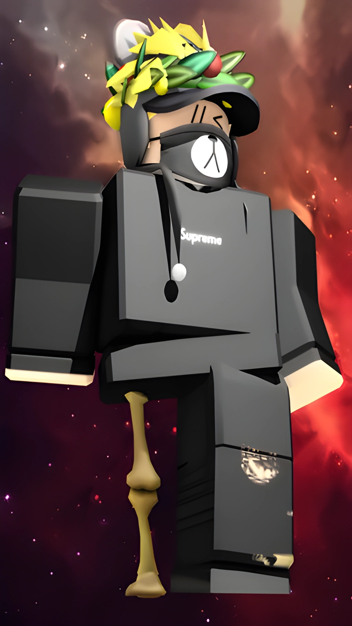 Nhân vật Roblox mặc đồ đen, đội phụ kiện lá và cầm vũ khí trong nền vũ trụ đỏ tím dọc cho điện thoại