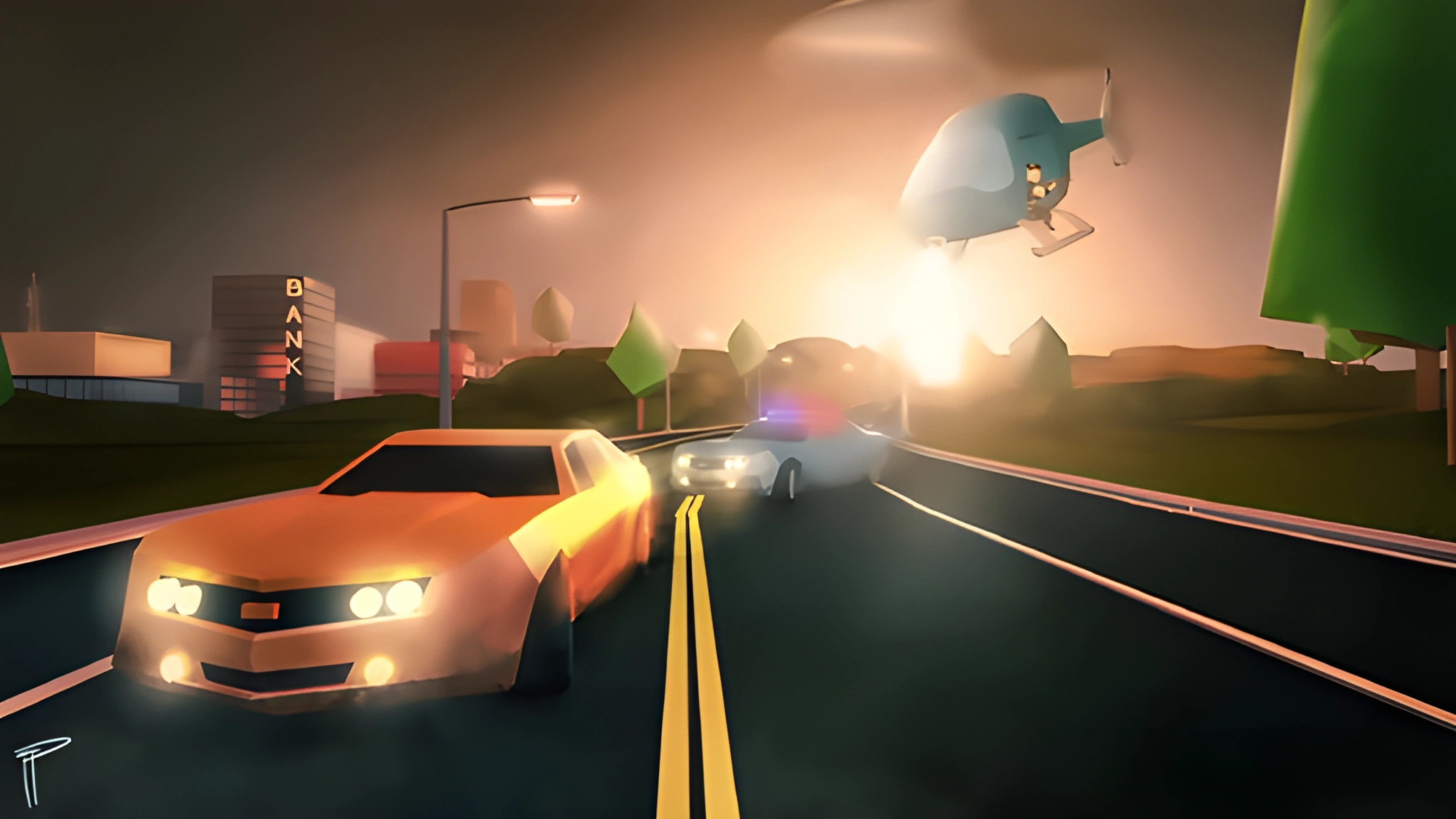 Xe thể thao màu cam chạy trên đường phố Roblox lúc hoàng hôn, cạnh xe trắng và vật thể bay, hình nền PC 2048x1152