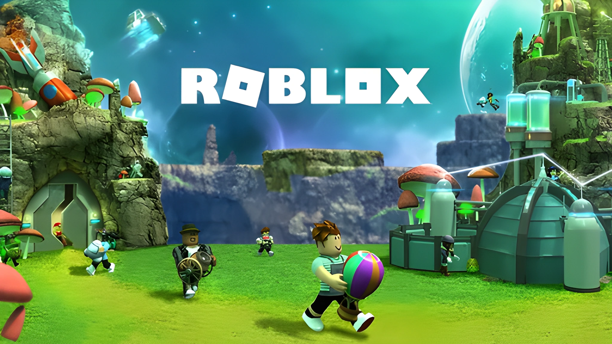 Hình nền Roblox với nhân vật chạy trên đồng cỏ xanh giữa cảnh quan khoa học viễn tưởng, dành cho PC 2048x1152