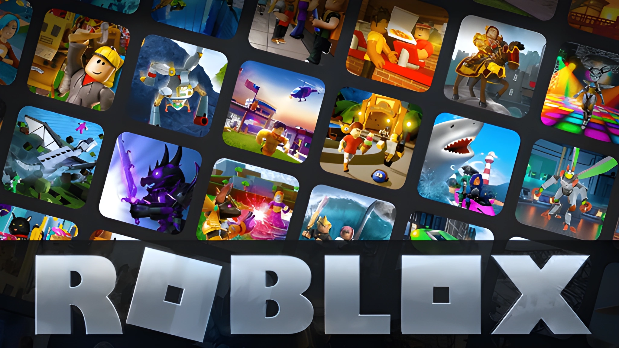 Chữ ROBLOX kim loại bạc đặt trước lưới ảnh thu nhỏ bo góc, gồm một ô có cá mập trắng và một ô có nhân vật đội mũ.