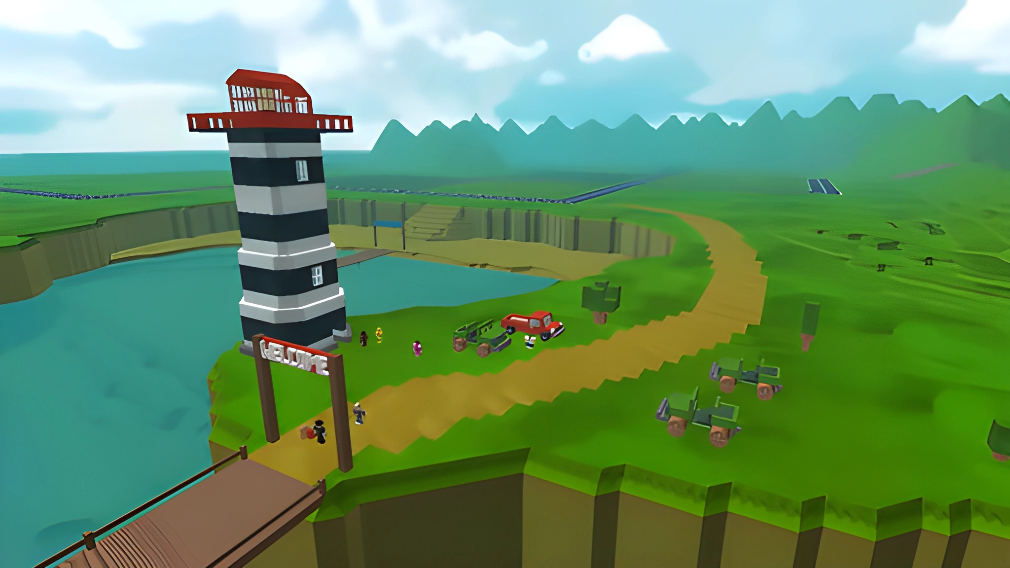 Hình nền Roblox phong cảnh đảo xanh với hải đăng sọc, đường đất và xe địa hình dưới bầu trời xanh, dành cho PC 2048x1152