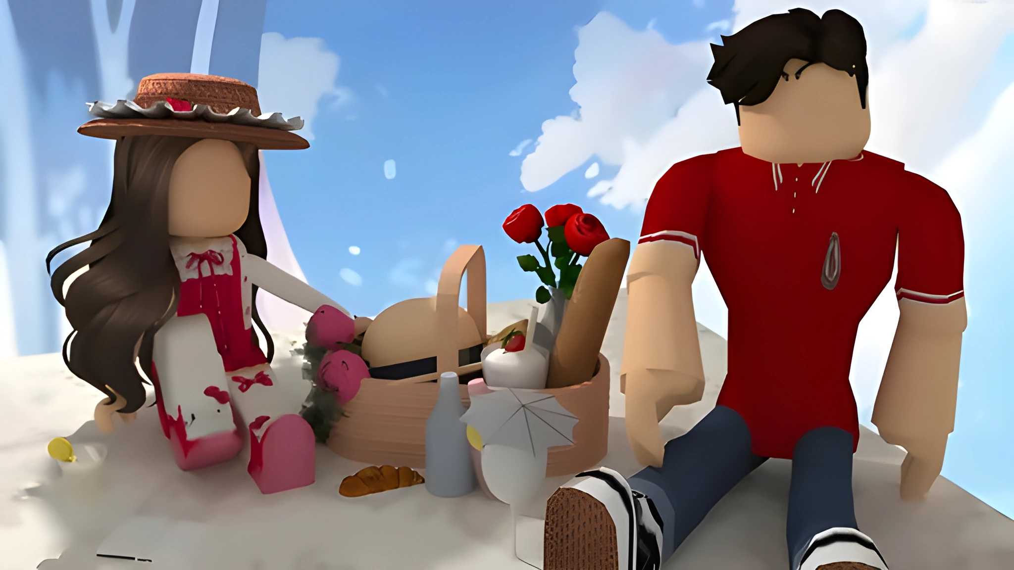 Hai avatar Roblox ngồi trên bãi cỏ cạnh giỏ có hoa hồng đỏ và bánh mì baguette, phía trên là trời xanh mây trắng.