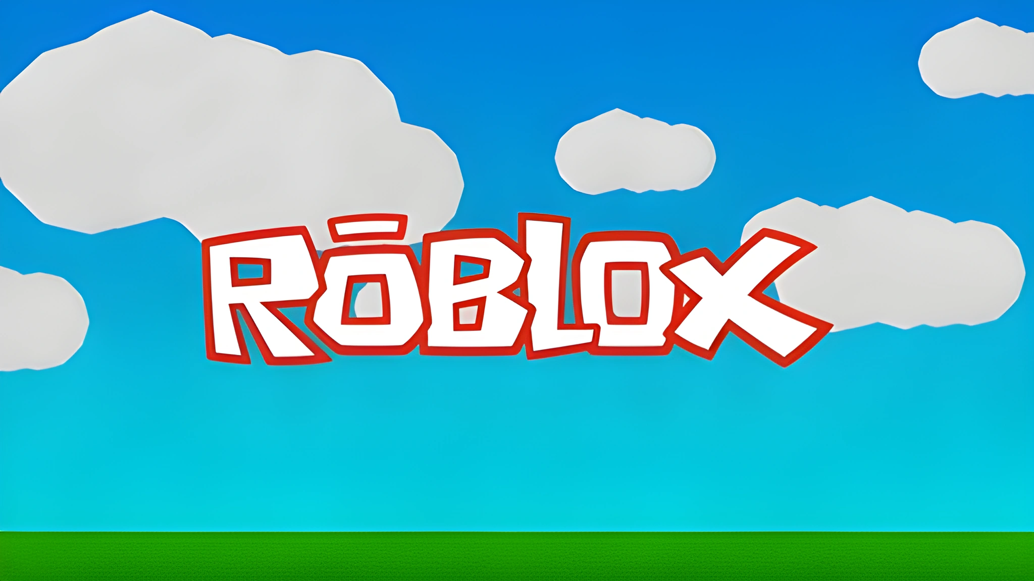 Logo Roblox nổi bật giữa bầu trời xanh, mây trắng và nền cỏ xanh cho màn hình PC 2048x1152