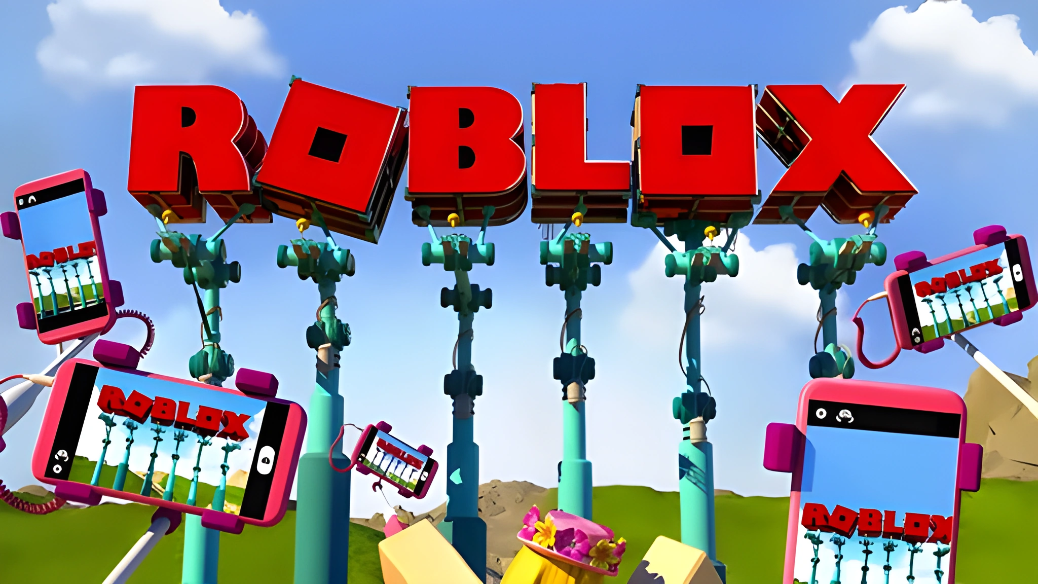 Logo ROBLOX đỏ dạng chữ khối được các cột cơ khí nâng lên, xung quanh là điện thoại gắn gậy tự sướng hướng vào logo.