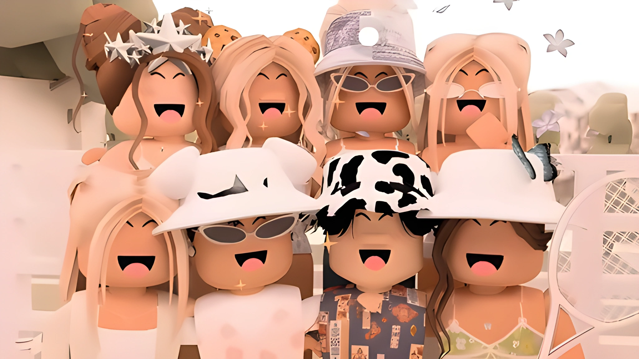 Nhóm avatar Roblox đội mũ tạo dáng chụp ảnh trong tông hồng trắng, phù hợp làm hình nền PC 2048x1152