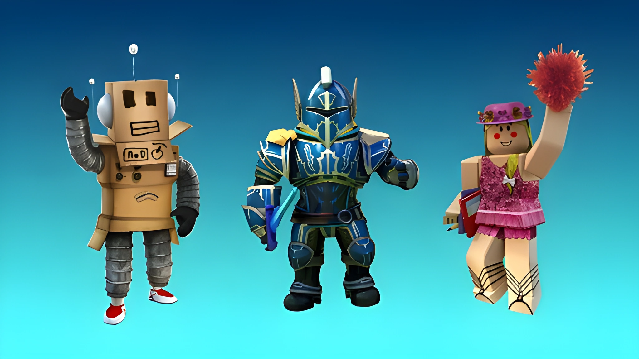 Ba avatar Roblox gồm rô-bốt, chiến binh giáp xanh và nhân vật váy hồng trên nền xanh, phù hợp làm hình nền PC 2048x1152