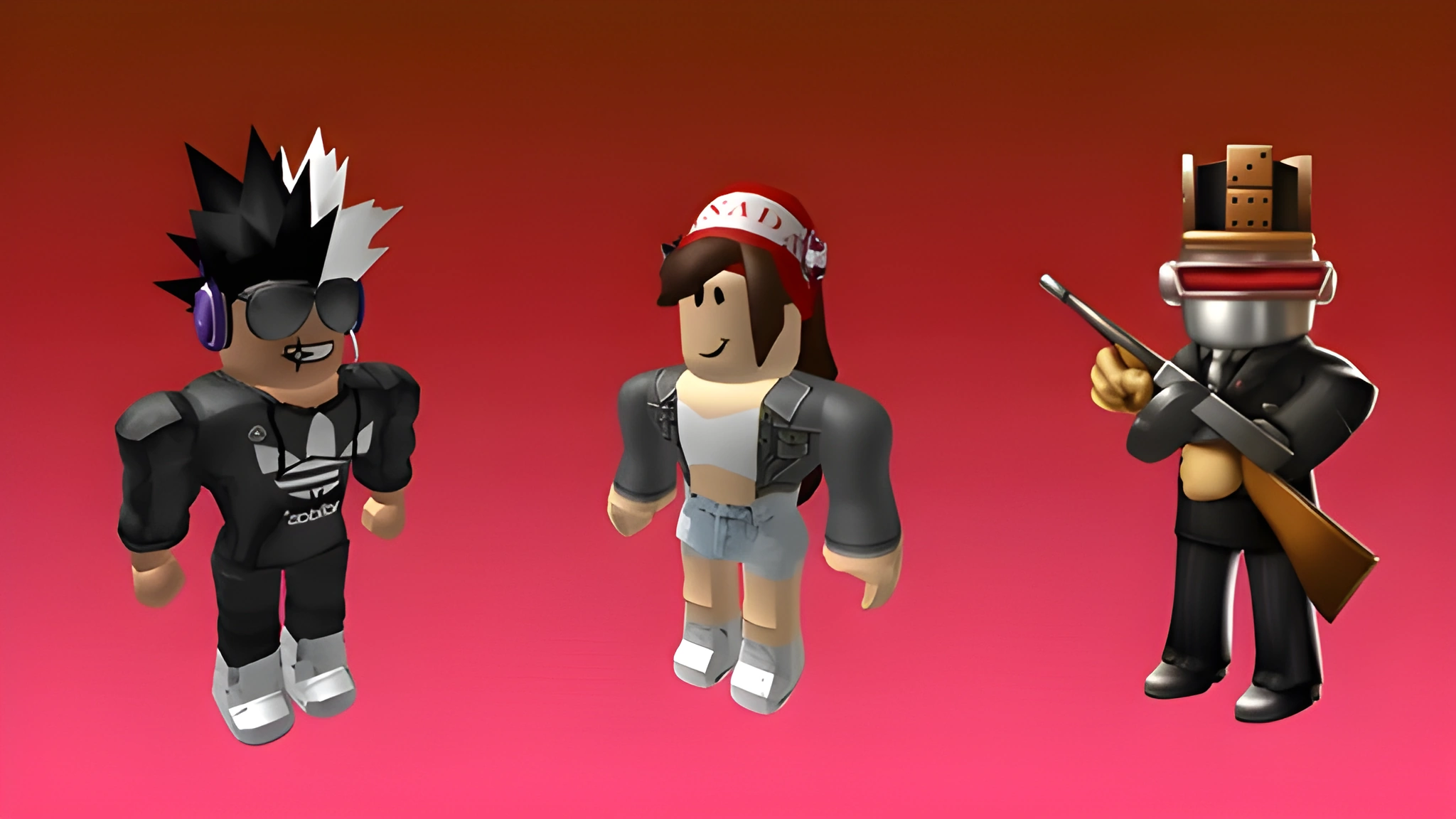 Ba avatar Roblox đứng trên nền chuyển màu đỏ hồng, phù hợp làm hình nền PC 2048x1152