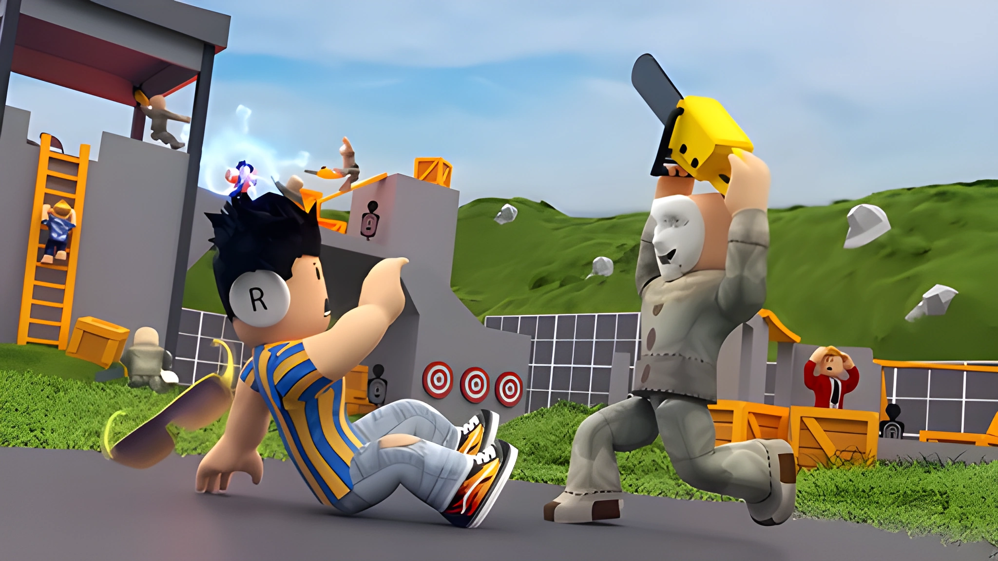 Nhân vật Roblox đối đầu bằng kiếm trong sân tập có bia mục tiêu, hình nền PC 2048x1152