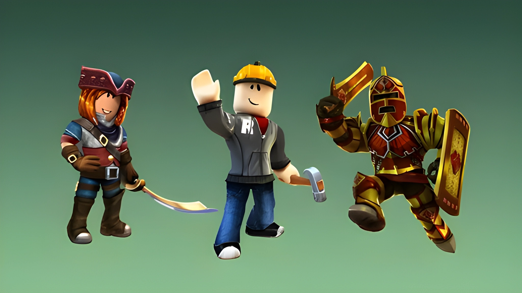 Hình nền Roblox 2048x1152 với ba nhân vật phiêu lưu cầm kiếm, búa và khiên trên nền xanh
