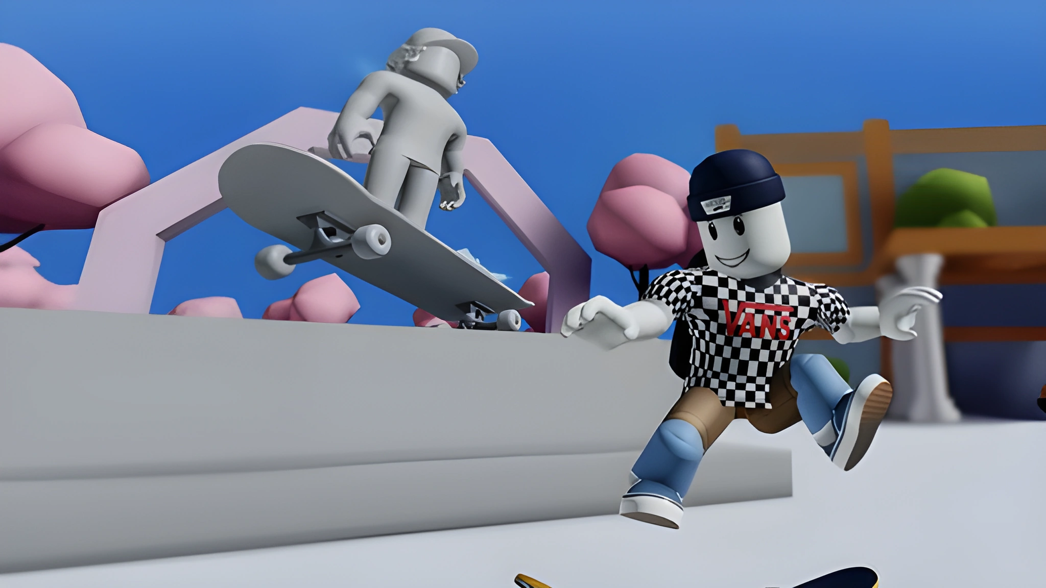 Hai nhân vật Roblox tung ván trên không tại công viên, phía trước mặc áo caro đen trắng có chữ VANS.