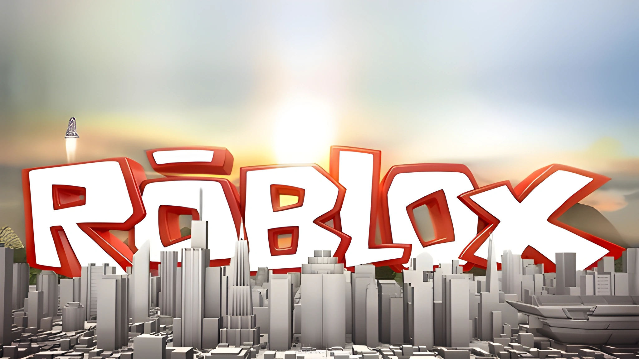 Chữ ROBLOX trắng viền đỏ lơ lửng trên các tòa nhà xám, cạnh tên lửa nhỏ bay lên bên trái.
