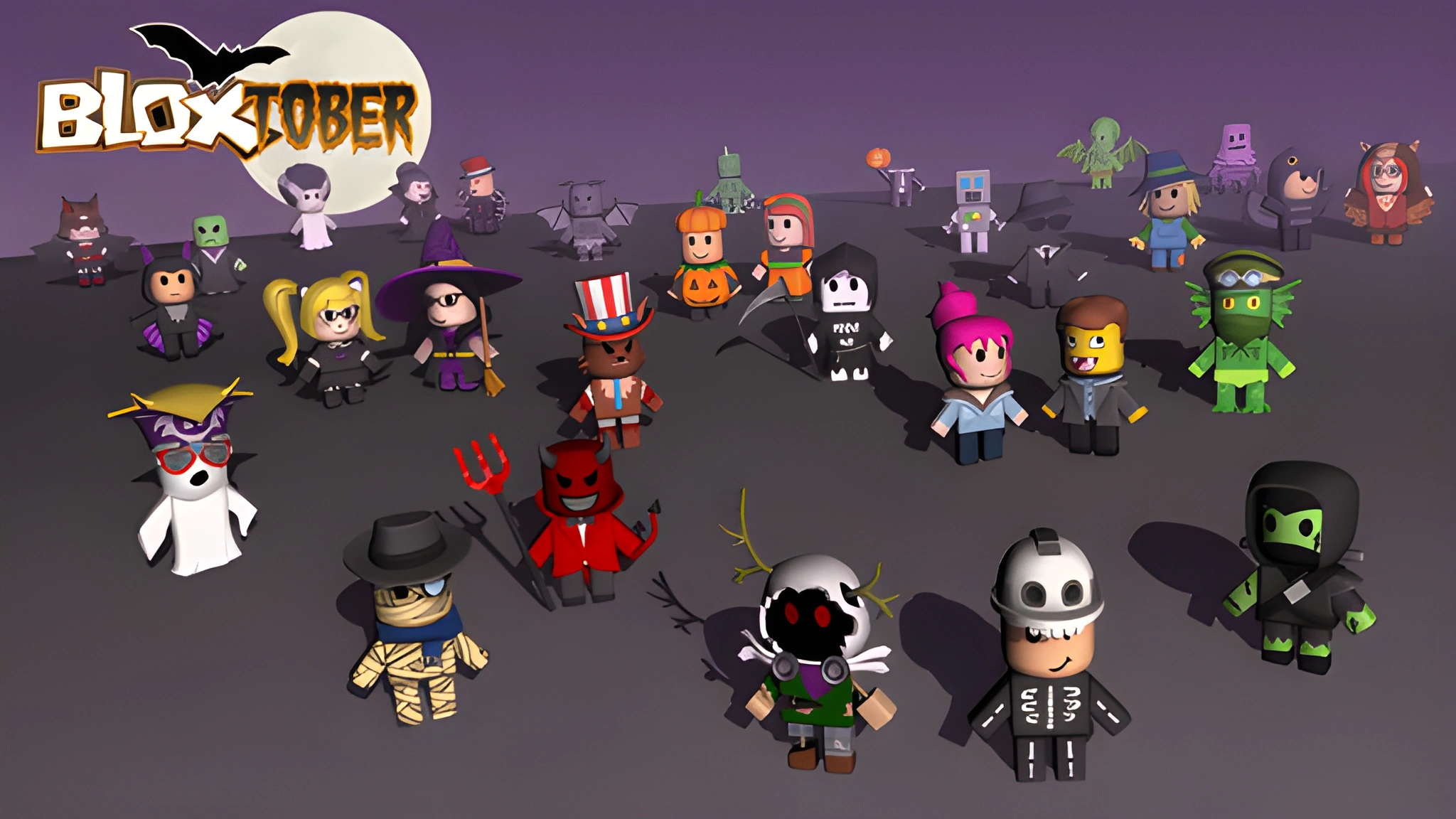 Các nhân vật dạng khối mặc trang phục Halloween đứng thành nhóm dưới chữ BLOXTOBER, bên cạnh mặt trăng xám trắng.
