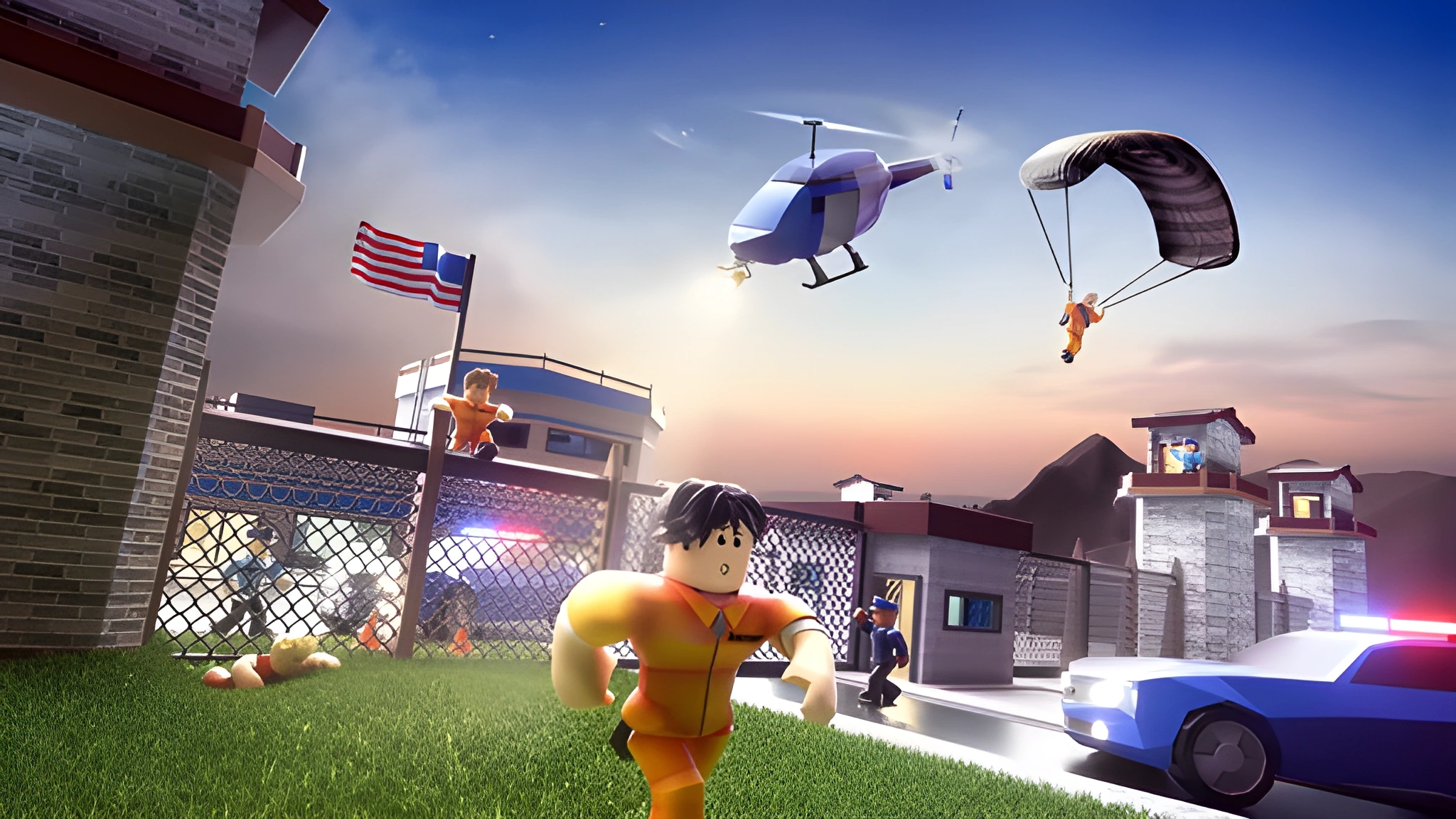 Nhân vật Roblox chạy trong sân nhà tù với trực thăng, dù bay và xe cảnh sát, hình nền PC 2048x1152