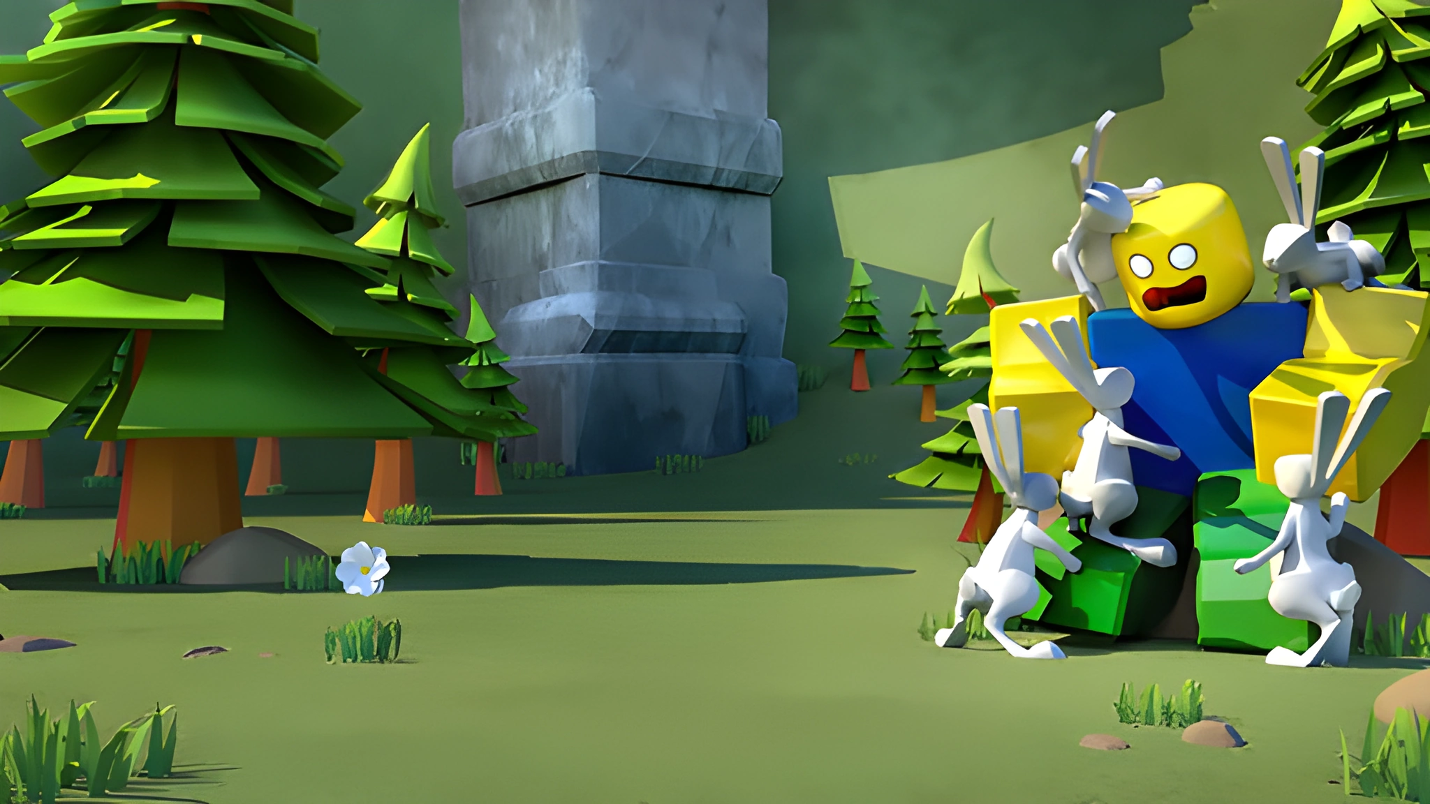 Nhân vật Noob áo xanh giơ tay giữa đàn thỏ trắng đang bám và trèo lên người trong rừng thông low-poly.