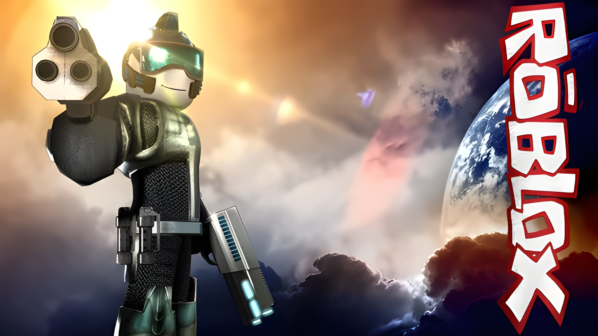 Nhân vật Roblox đội mũ bảo hiểm có kính xanh lục phát sáng, chĩa súng ba nòng về phía trước và cầm vũ khí tương lai khác.