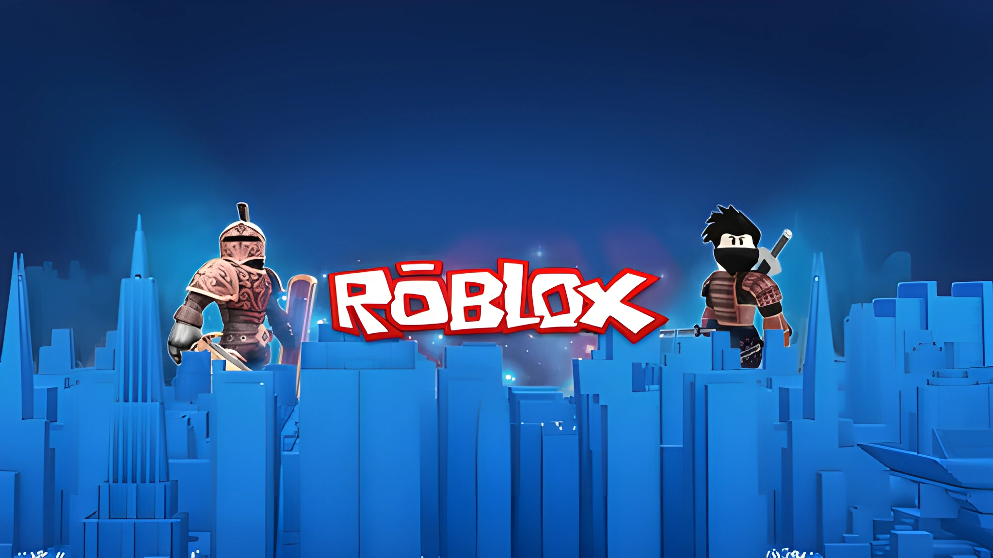 Hình nền Roblox với hai avatar đứng trên thành phố xanh, khung ngang PC 2048x1152