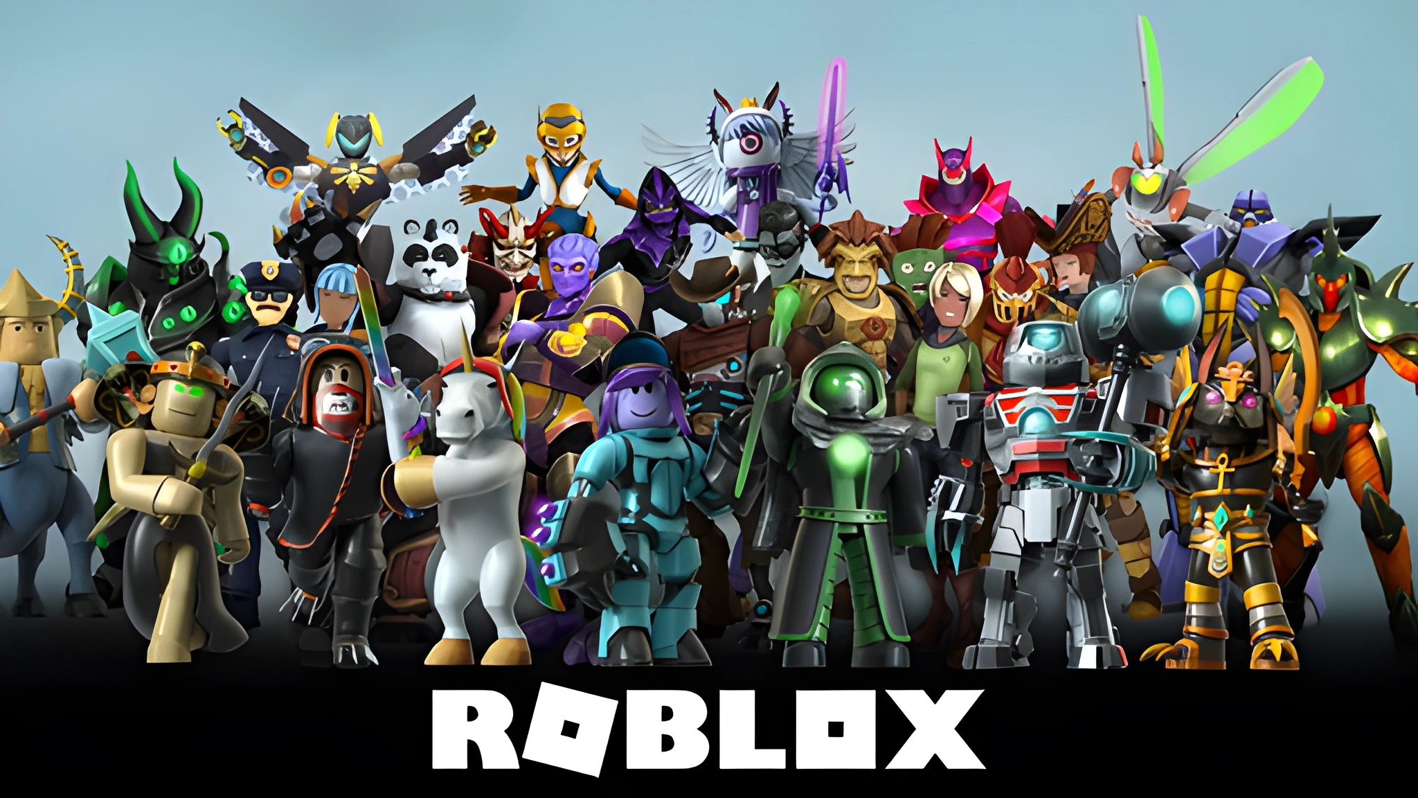 Nhiều avatar Roblox tạo dáng trên nền xanh lam nhạt, với kỳ lân trắng ở hàng trước và logo ROBLOX lớn ở giữa.