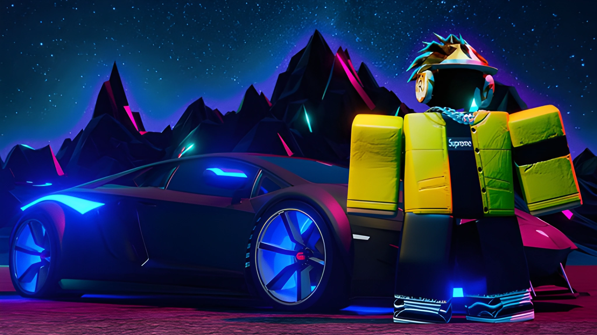 Avatar Roblox mặc áo khoác phao vàng đứng khoanh tay bên siêu xe đen, dưới bầu trời sao tím xanh.