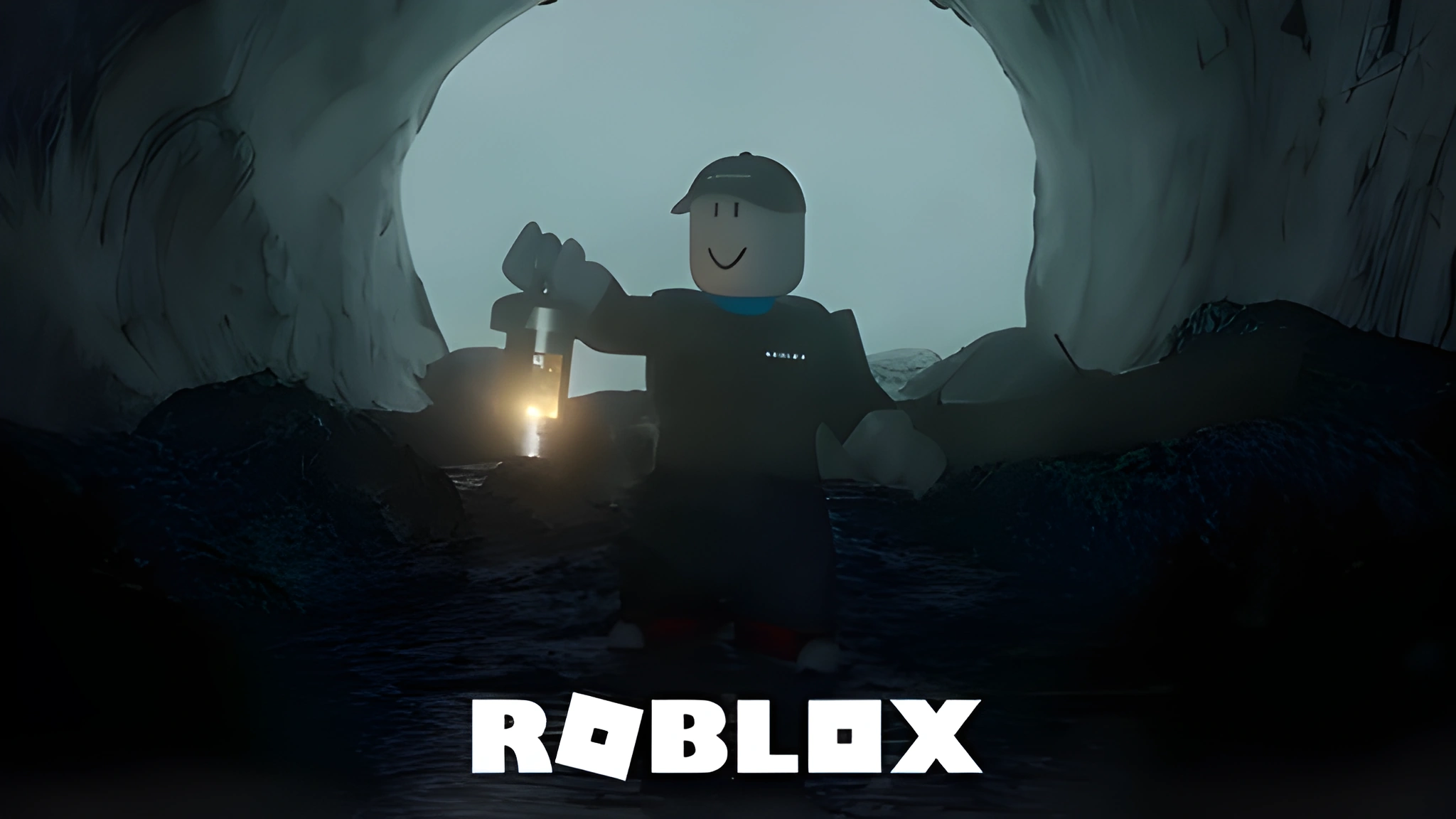 Nhân vật Roblox cầm đèn trong hang động tối, logo Roblox phía dưới, hình nền PC 2048x1152