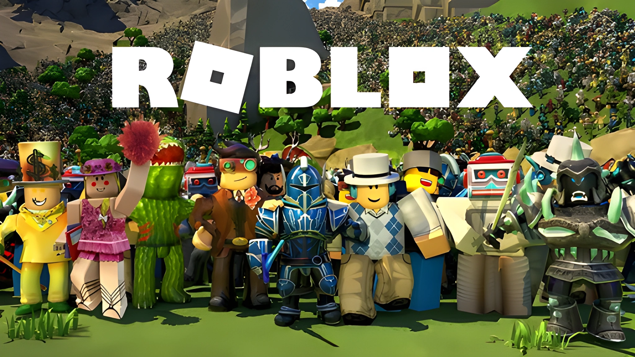 Nhóm avatar khối đứng trên bãi cỏ trước logo ROBLOX trắng, gồm hiệp sĩ giáp xanh dương và nhân vật váy hồng cầm gậy.