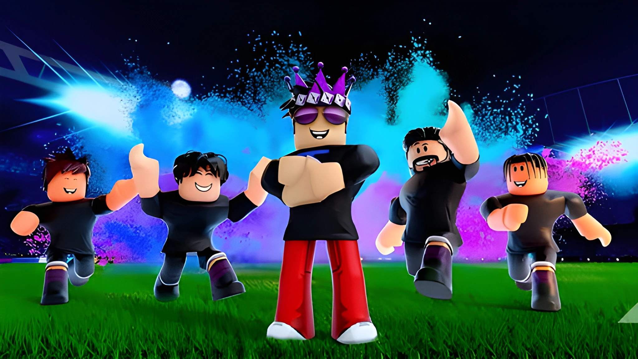 Hình nền Roblox 2048x1152 với năm avatar đang chạy trên sân cỏ dưới hiệu ứng xanh tím rực rỡ