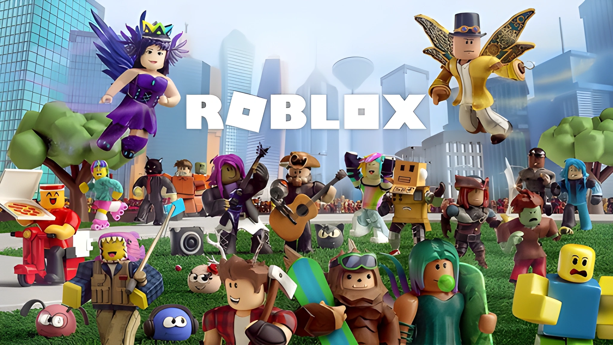 Hình nền Roblox cho PC với nhiều avatar Roblox sặc sỡ trước khung cảnh thành phố