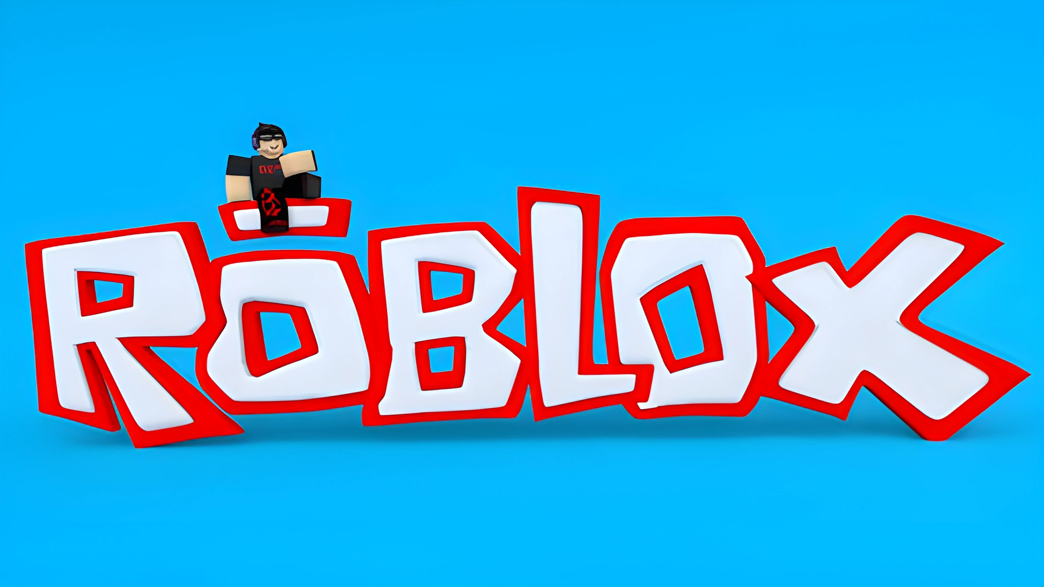 Logo Roblox 3D trắng viền đỏ trên nền xanh lam, kèm avatar Roblox nhỏ phía trên, hình nền máy tính 2048x1152