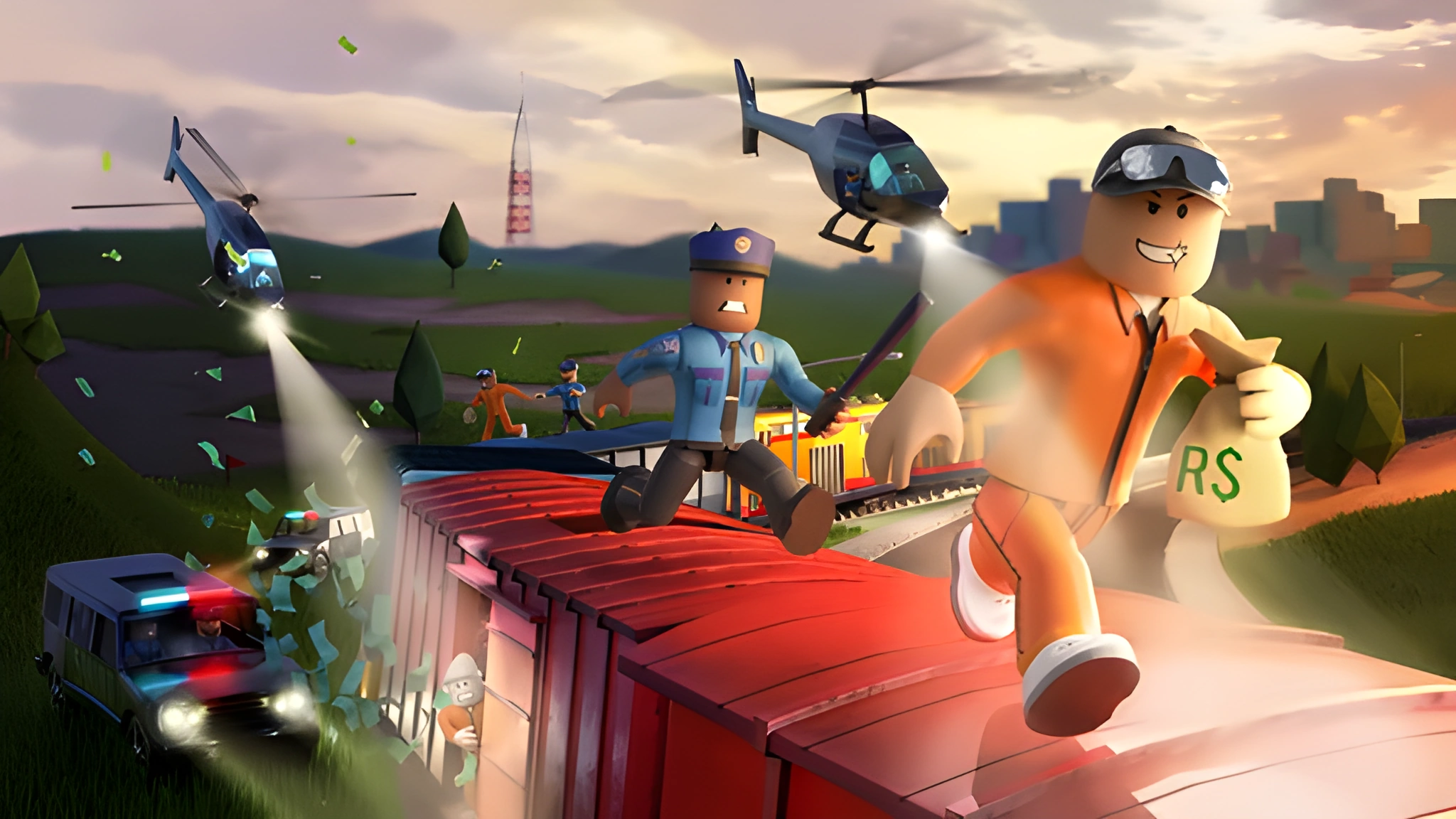 Nhân vật Roblox chạy trên xe container giữa trực thăng, xe cảnh sát và thành phố lúc hoàng hôn