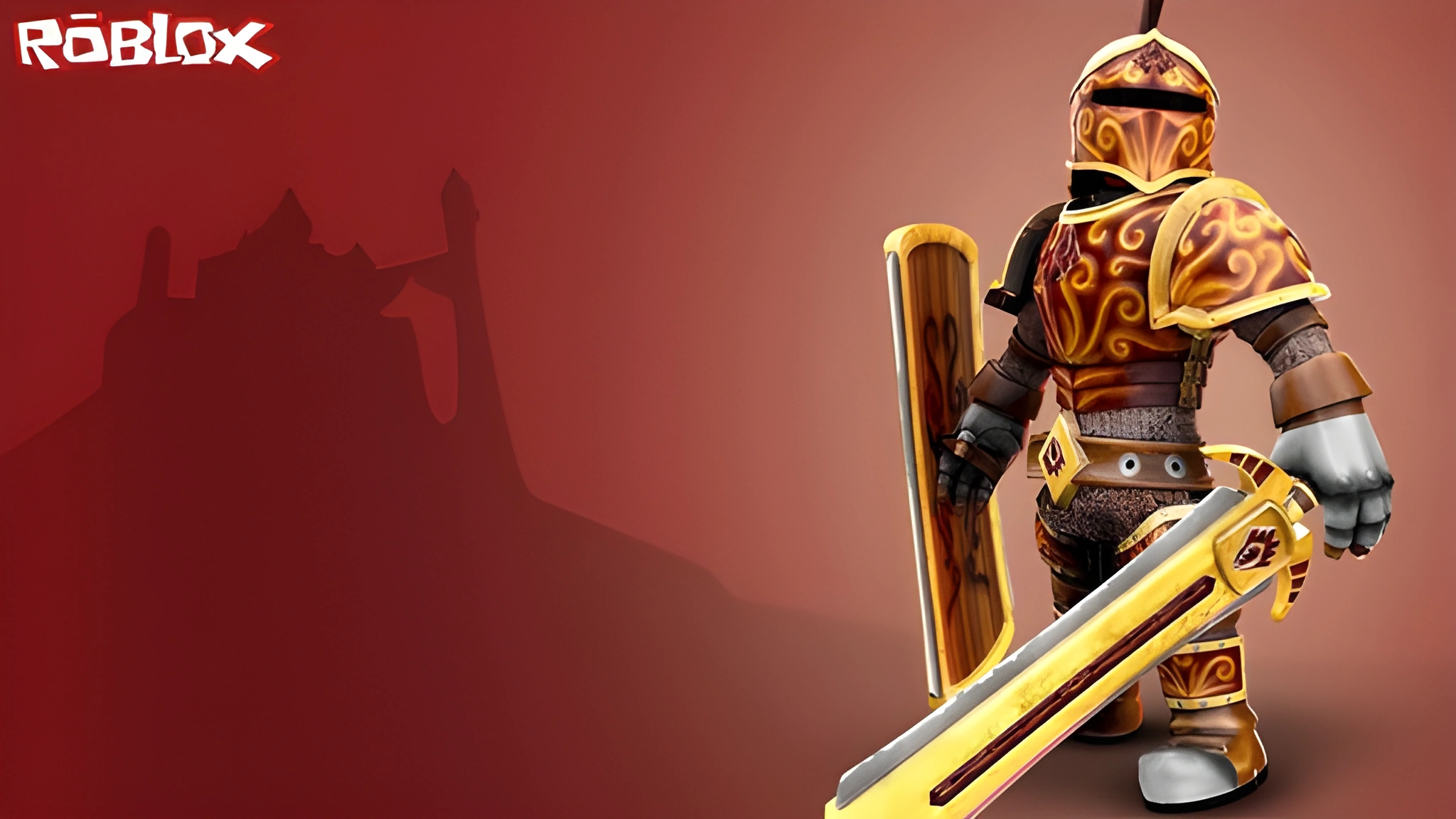 Hình nền Roblox PC 2048x1152 với chiến binh giáp vàng cầm kiếm trên nền đỏ fantasy